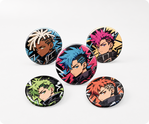 Anime character badges printed in full color