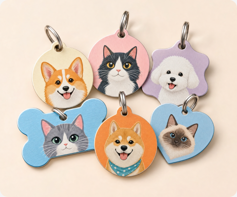 Pet portrait dog tags printed in full color