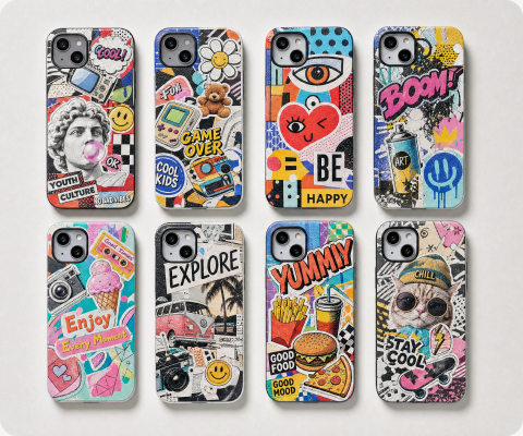 Phone cases printed with colorful graphic artwork
