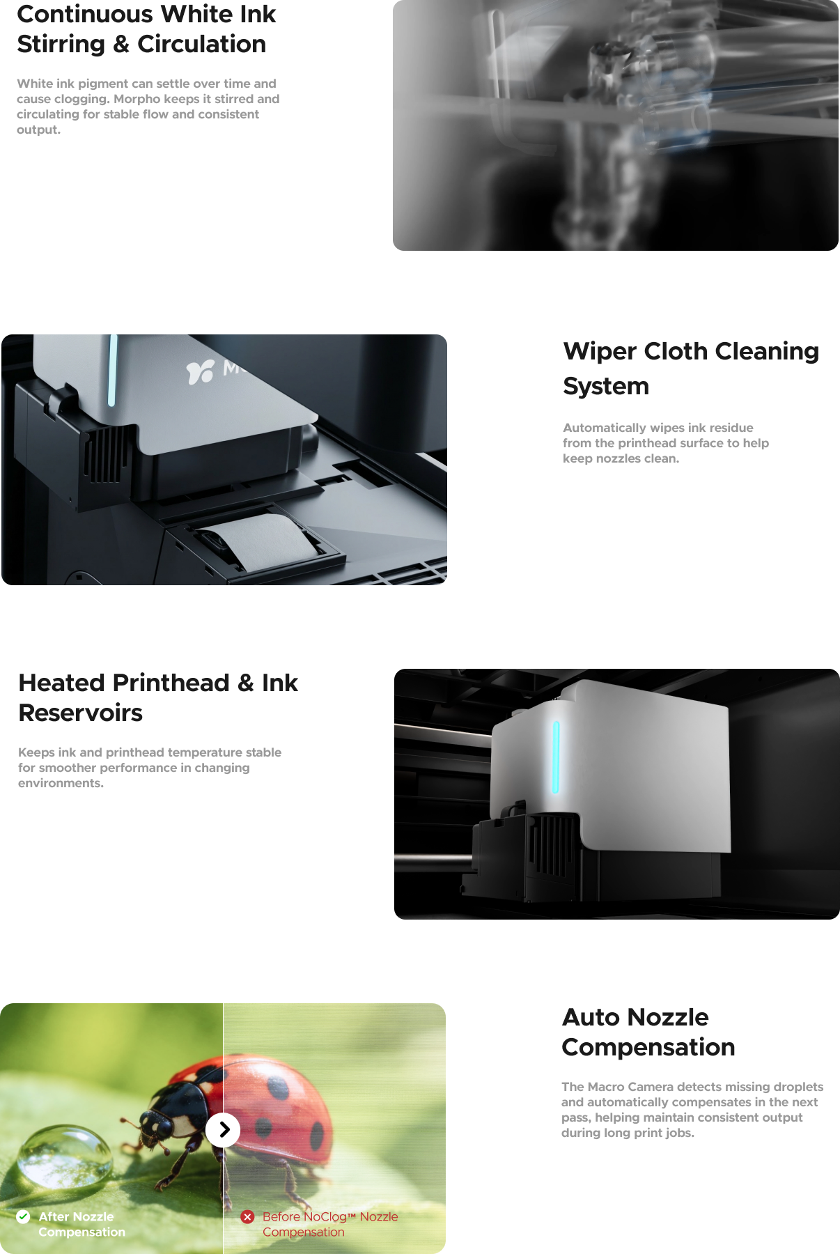 NoClog maintenance system rows for white ink circulation, cleaning, heating, and nozzle compensation