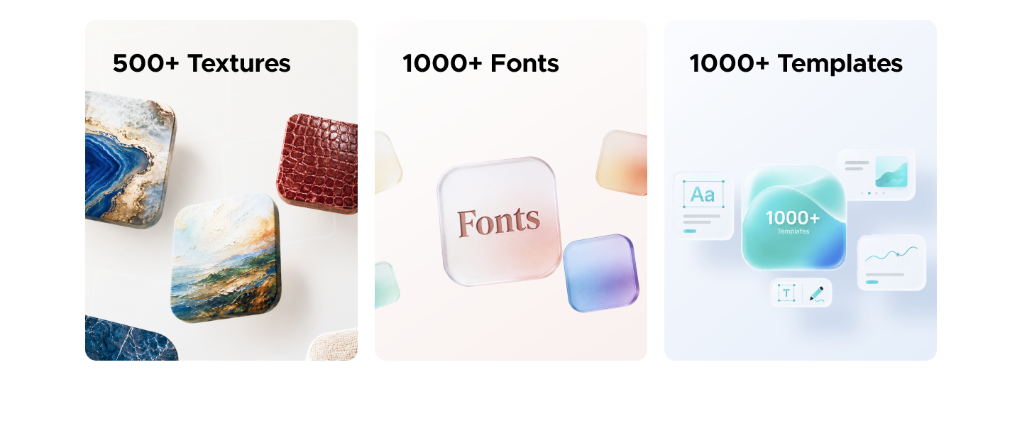 Built-in resources library with textures, fonts, and templates