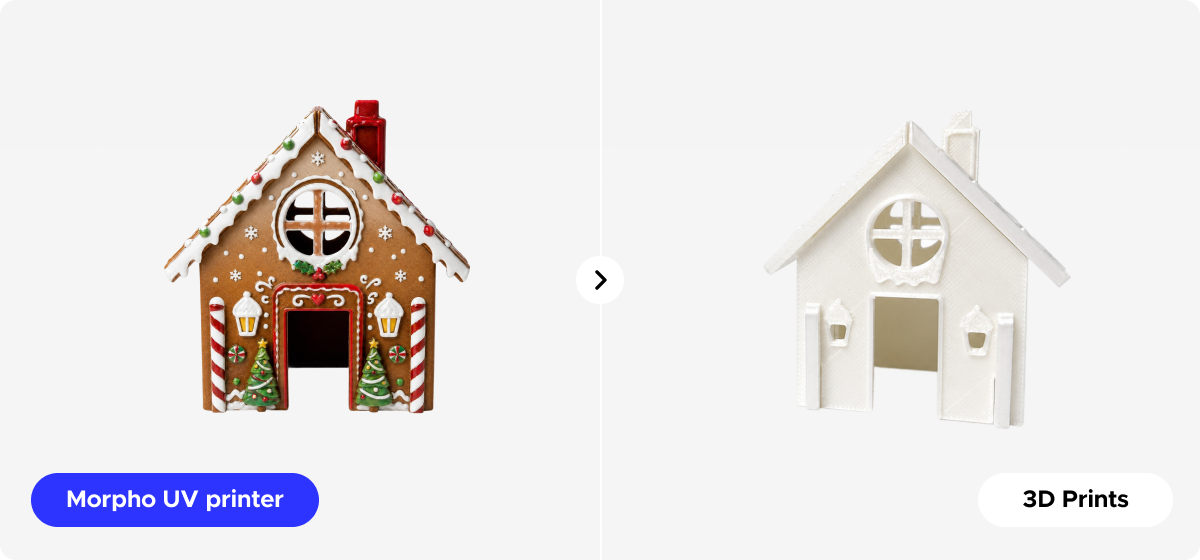 Morpho Desktop UV Printer full-color 3D printed house compared with an uncolored 3D print