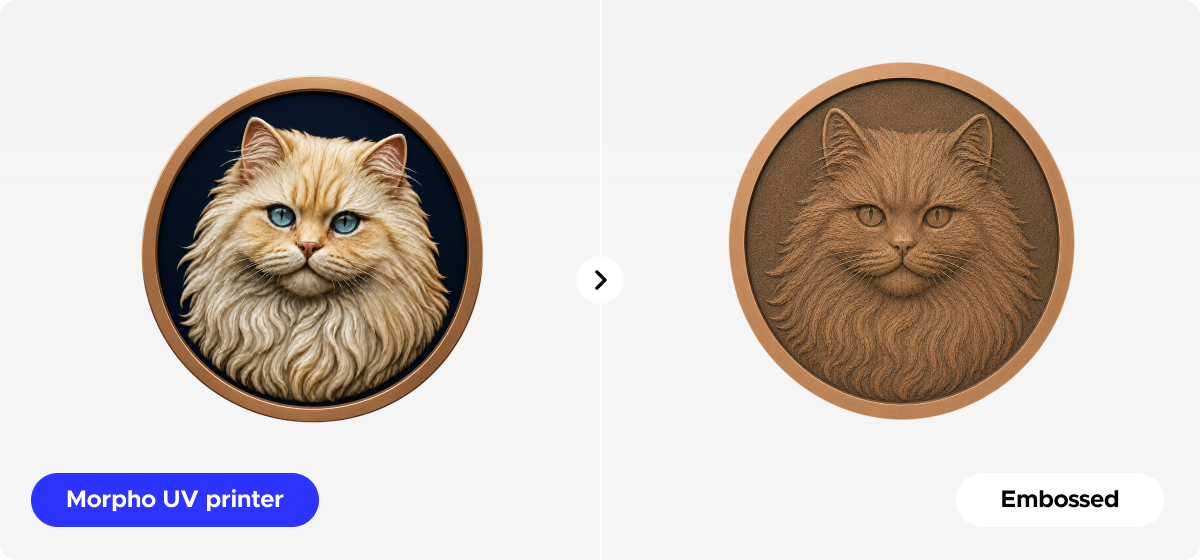 Morpho Desktop UV Printer full-color embossed cat medallion compared with an uncolored embossed version