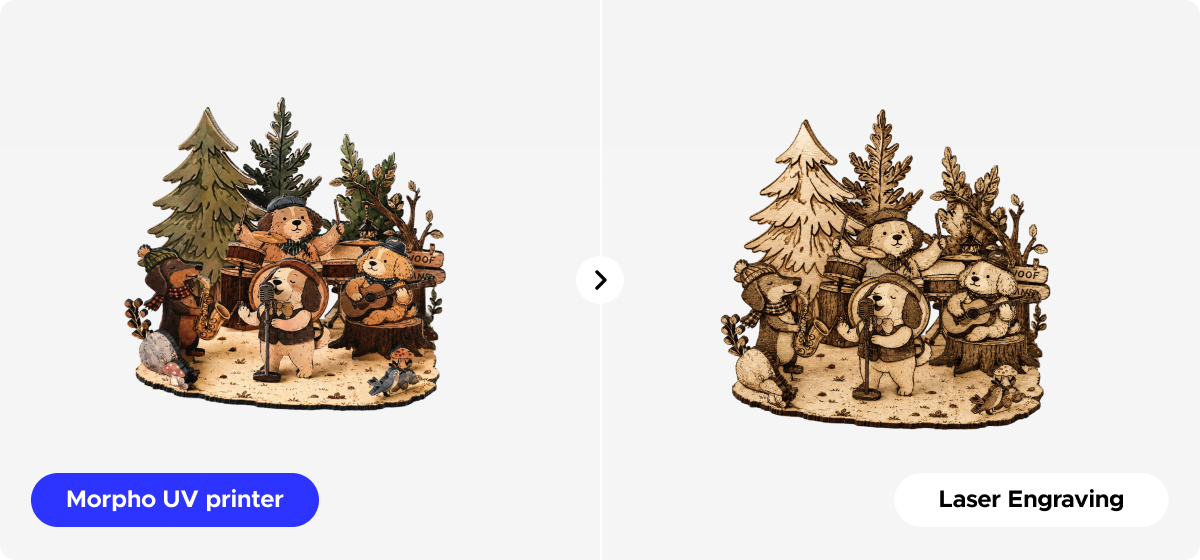 Morpho Desktop UV Printer full-color laser engraved woodland artwork compared with a laser engraved version