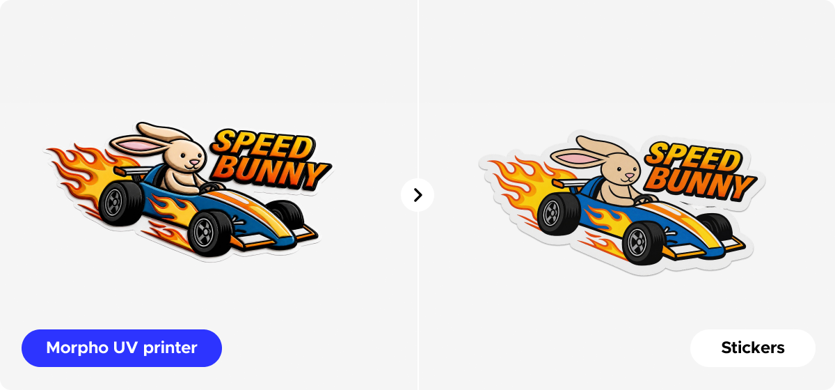 Morpho Desktop UV Printer full-color sticker artwork compared with a finished sticker